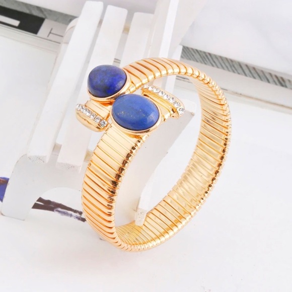 Princess Diana / Meghan Markle Inspired Blue Gemstone & CZ Goldtone Bracelet - Picture 7 of 16